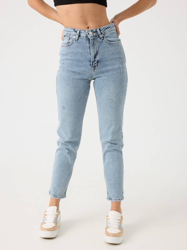 Slim-fit mom jeans with washed effect light blue middle front view