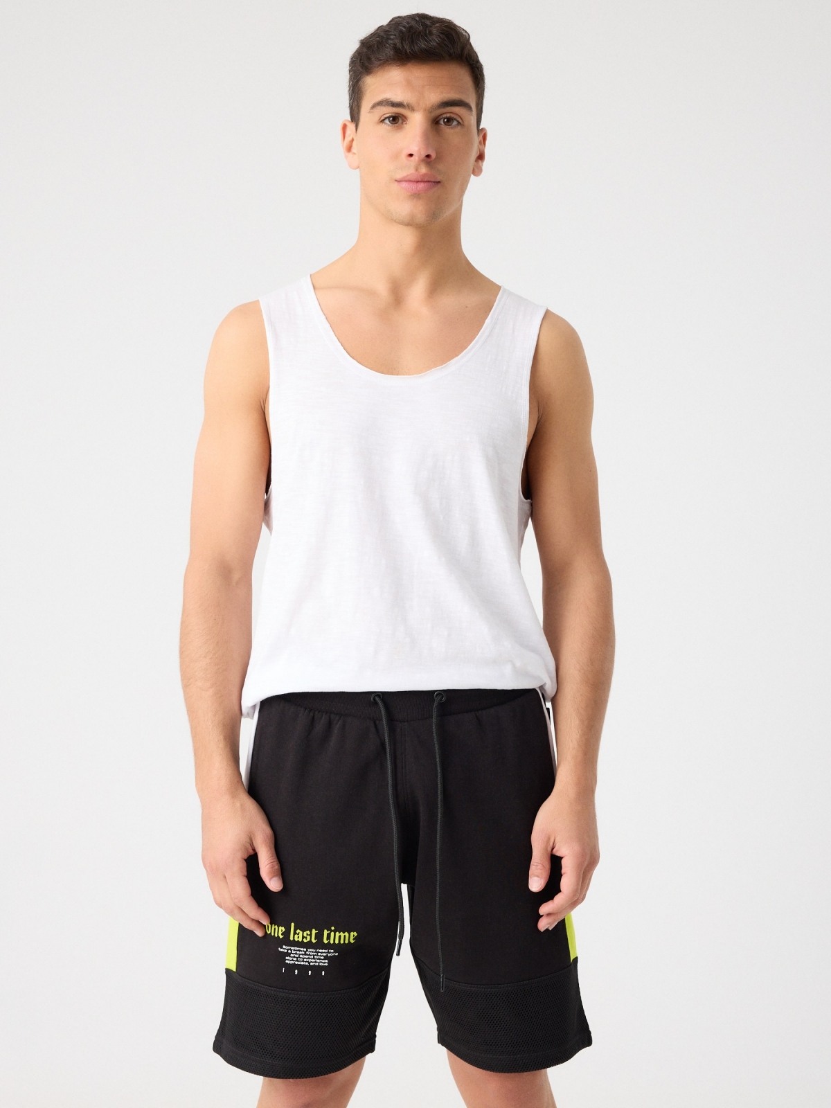 Combined bermuda jogger short with text black middle front view