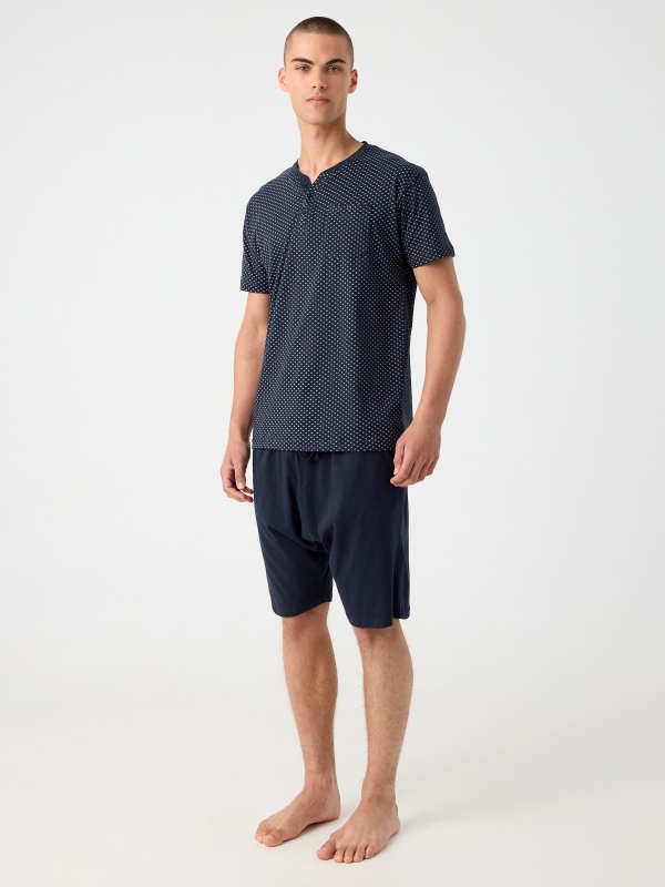 Pijama estampado curto azul marinho vista geral frontal