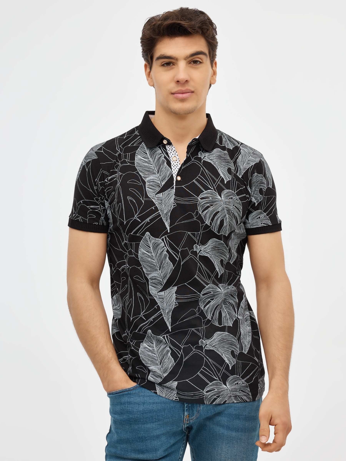Floral print polo shirt black middle front view