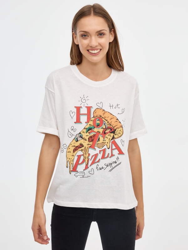 T-shirt de pizza quente off white vista meia frontal