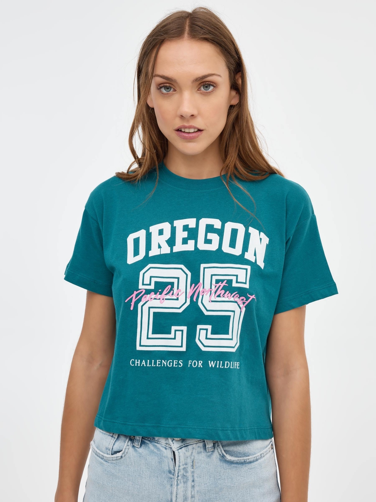 Camiseta crop Oregon 25 esmeralda vista media frontal