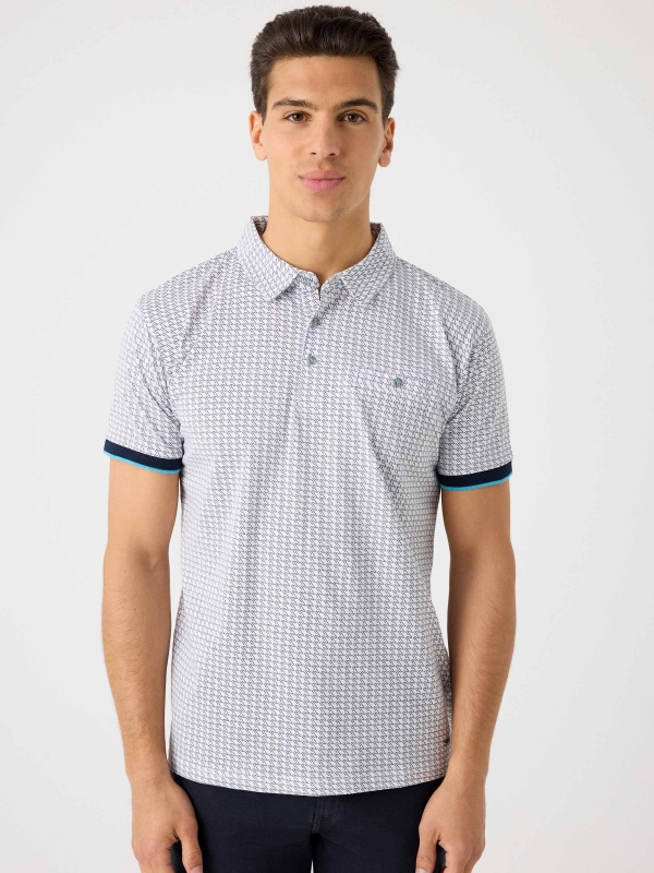 Printed polo shirt with button pocket navy middle front view