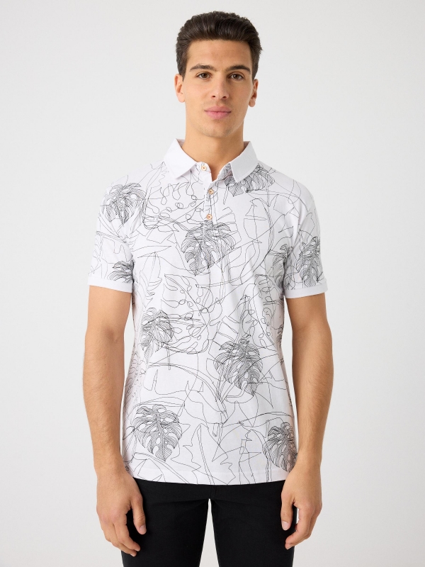 Tropical leaf print polo shirt white middle front view