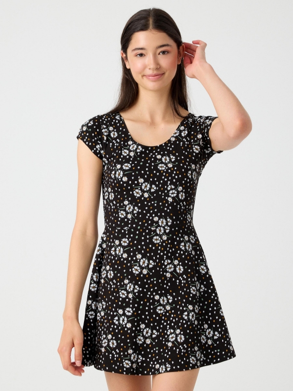 Strappy back floral dress black middle front view