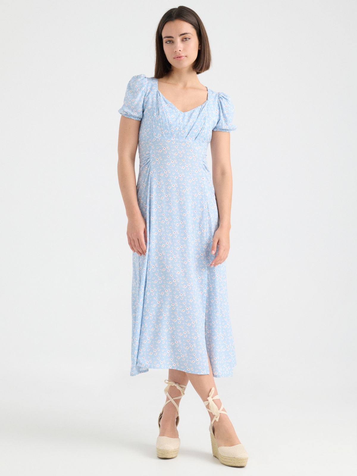 Daisy print midi dress light blue middle front view