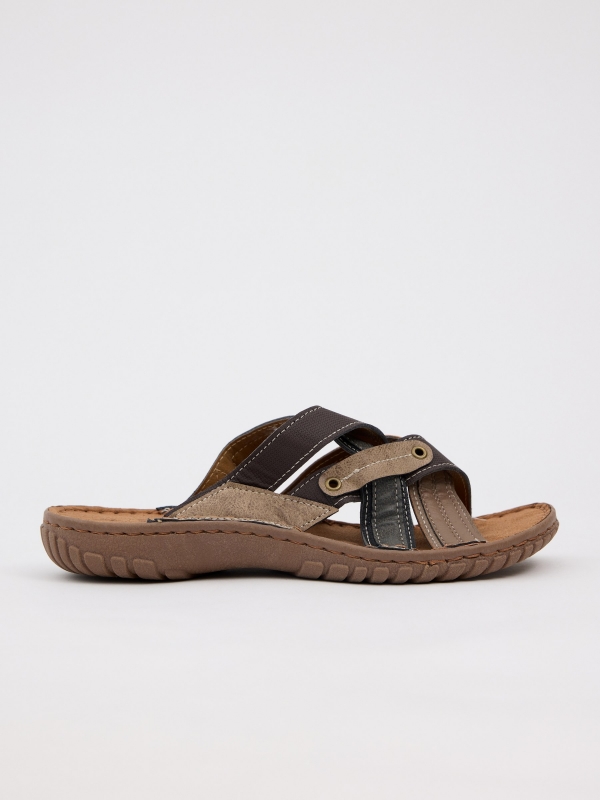 Leather effect crossed strap sandal brown