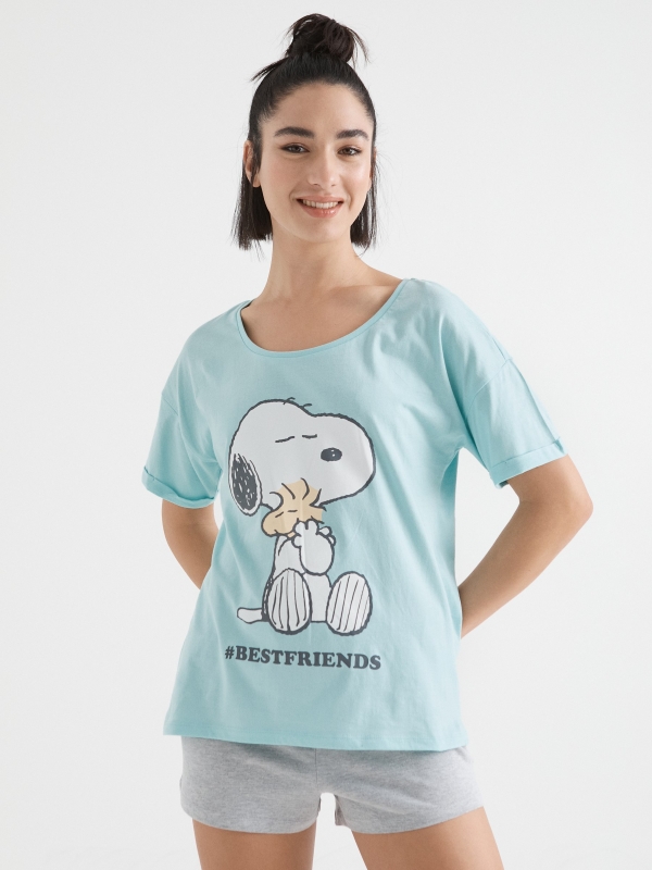 Snoopy short pajama light blue front view