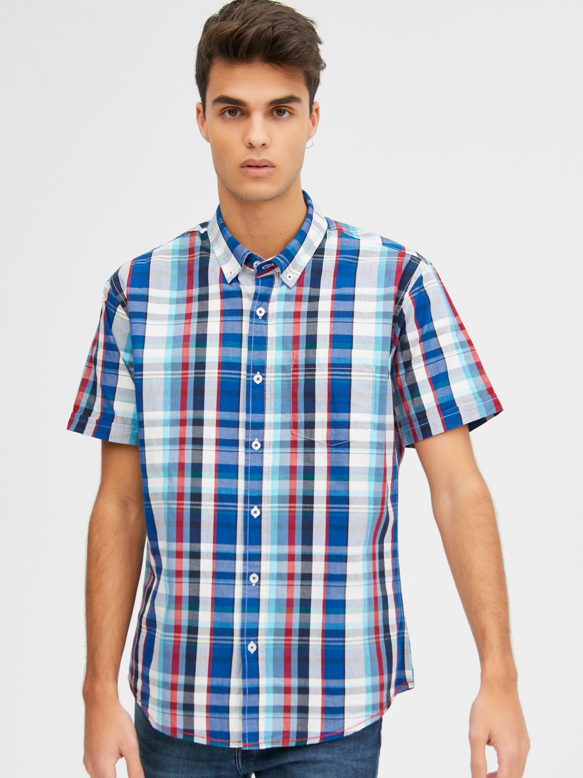 Camisa xadrez de manga curta azul