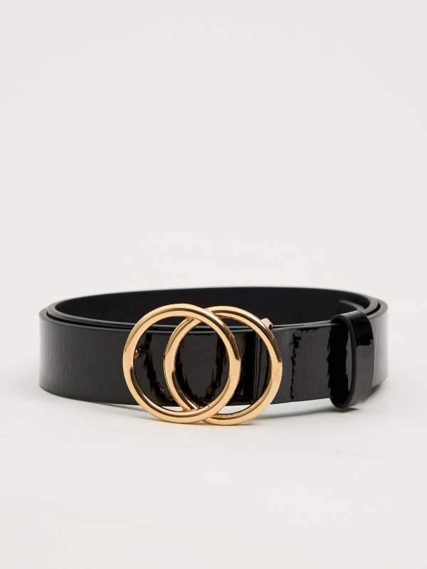 Patent leather belt with gold buckle black rolled view