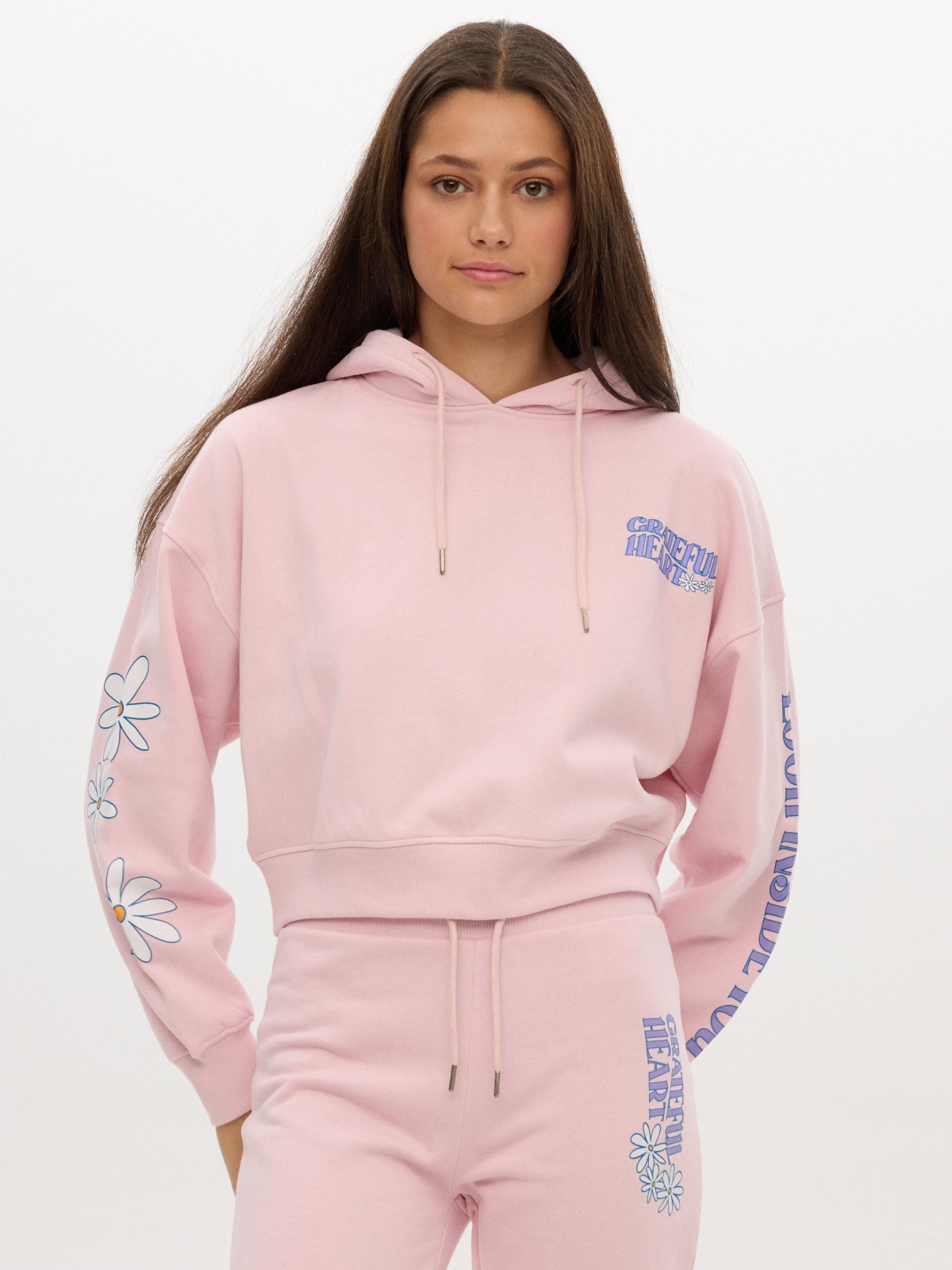 Printed hooded sweatshirt light pink middle front view