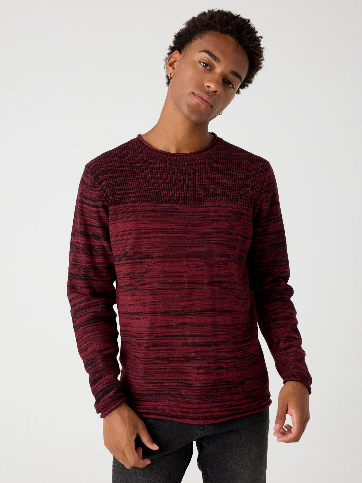 Combined ribbed sweater garnet middle front view