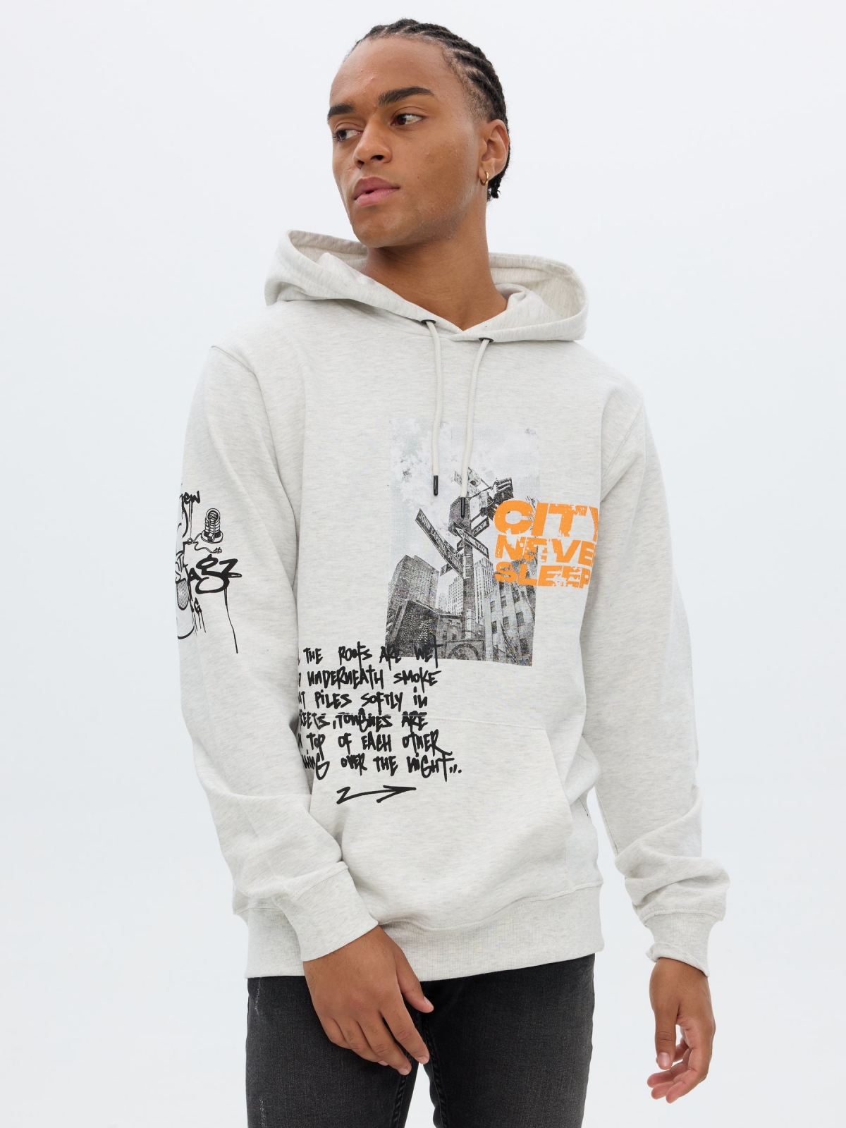 Print hooded sweatshirt light grey middle front view
