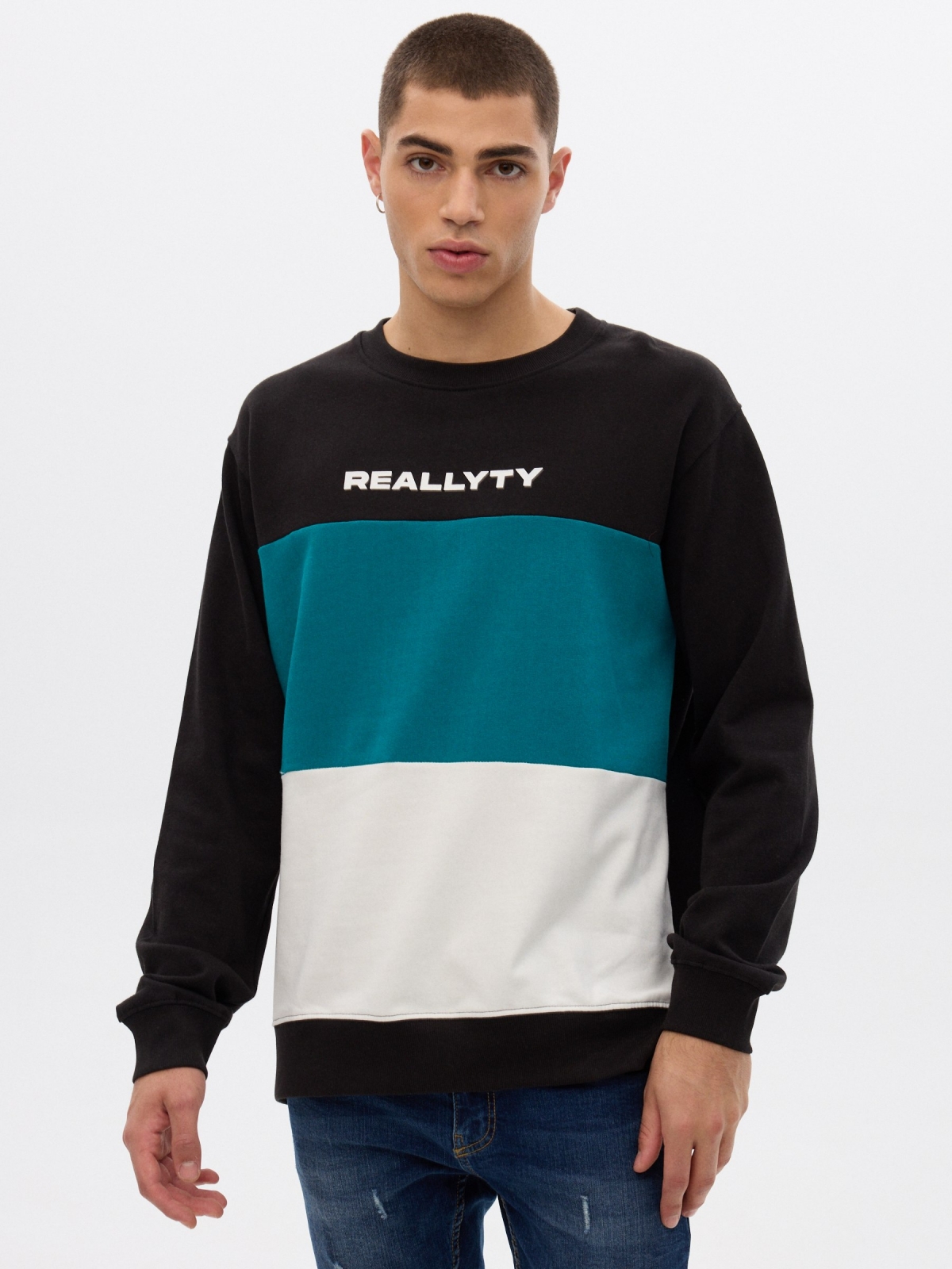 Color block sweatshirt preto vista meia frontal
