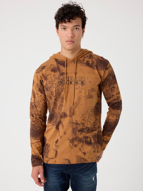 Printed t-shirt with adjustable hood brown middle front view