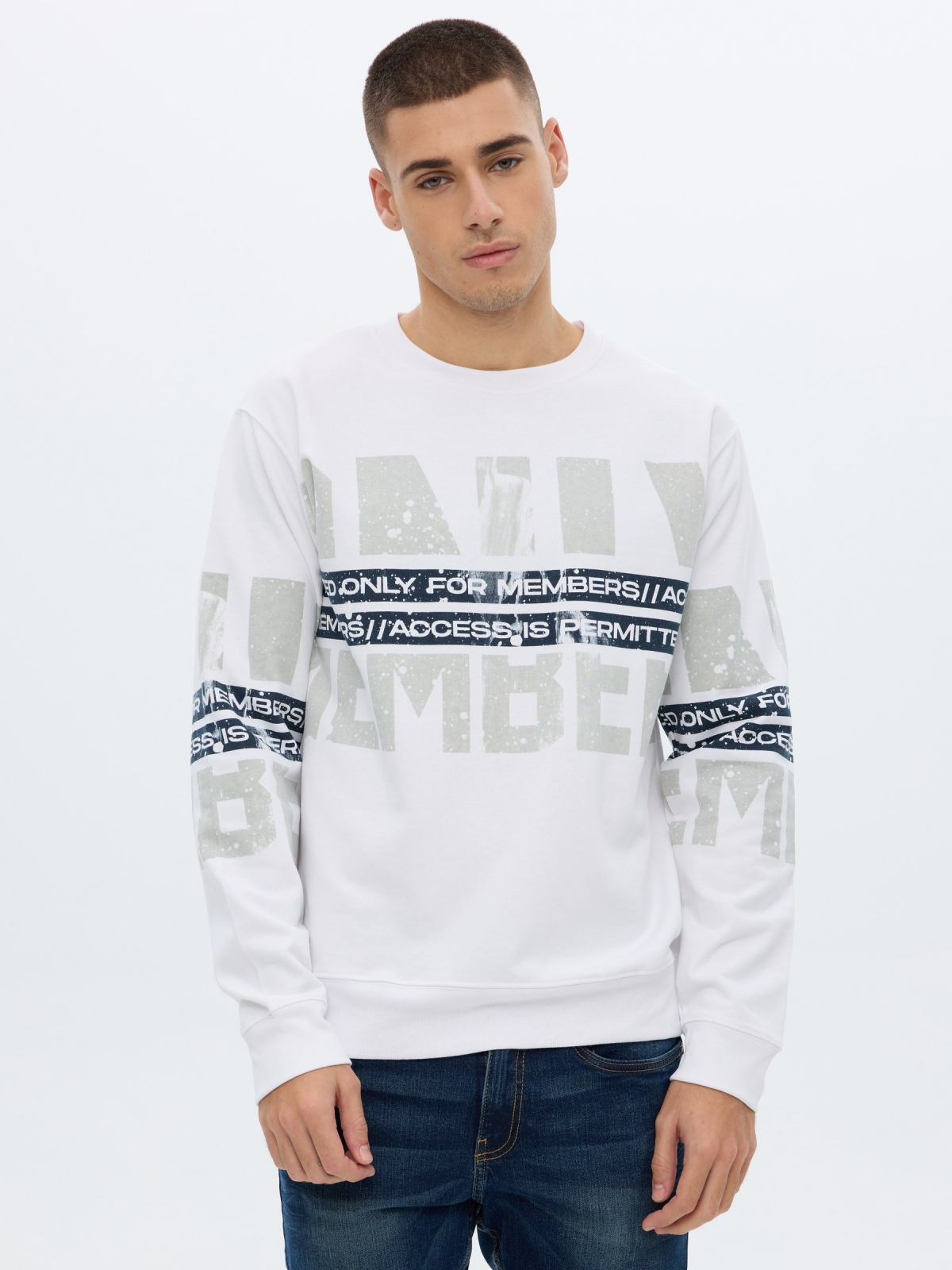 White sweatshirt printed letters white middle front view