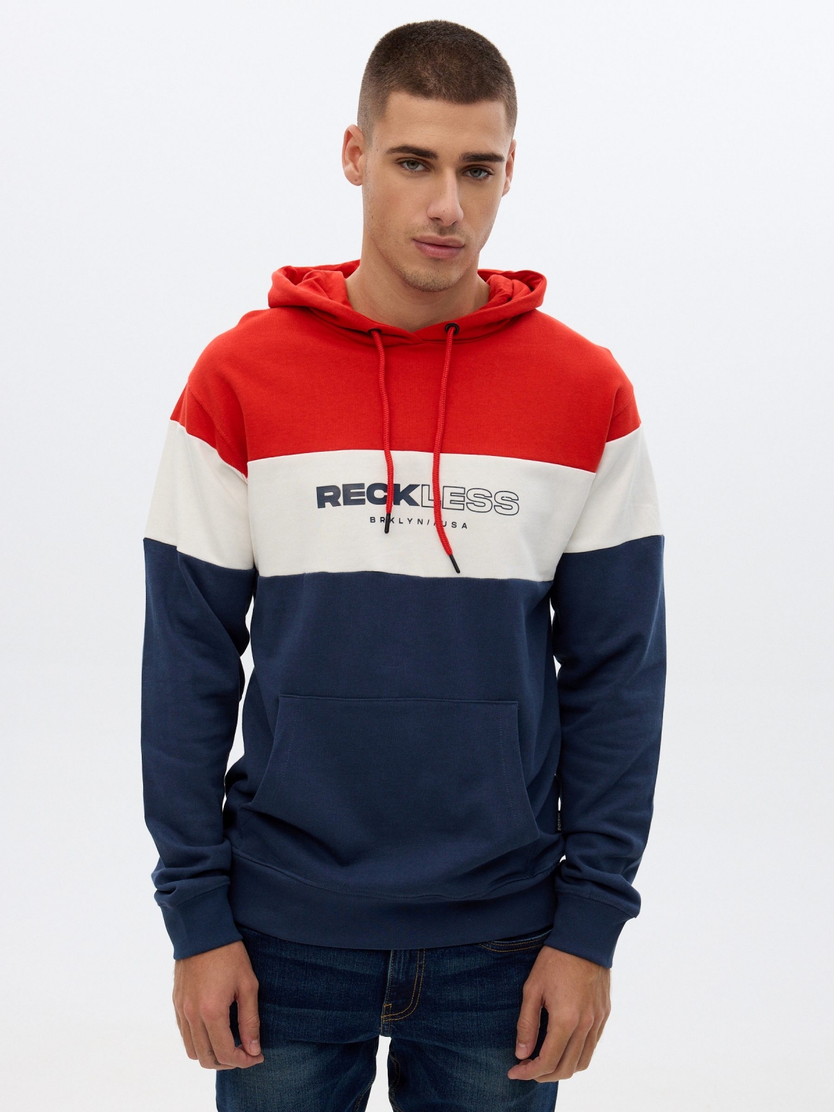 Block color hooded sweatshirt petrol blue middle front view