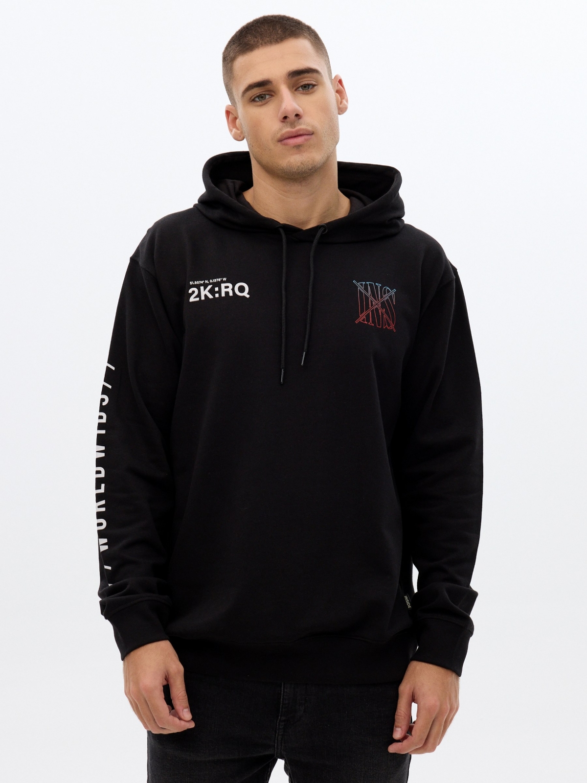 Print hooded sweatshirt black middle front view