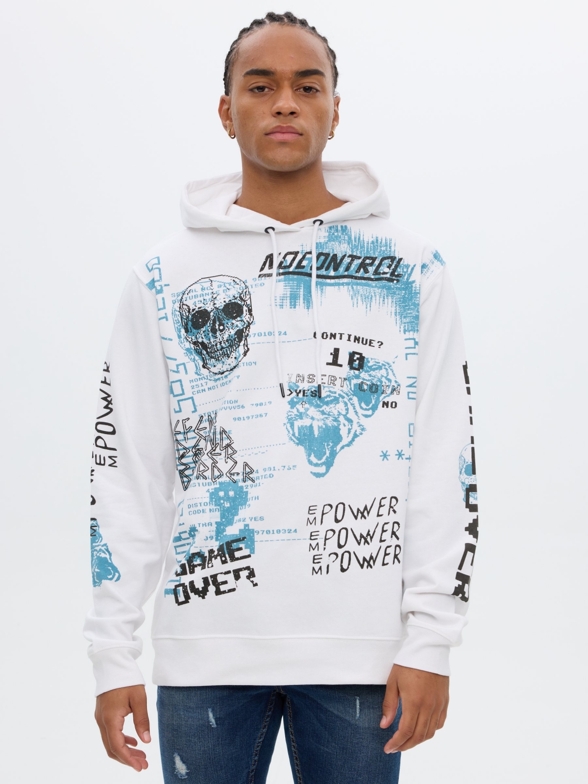 Print hooded sweatshirt white middle front view
