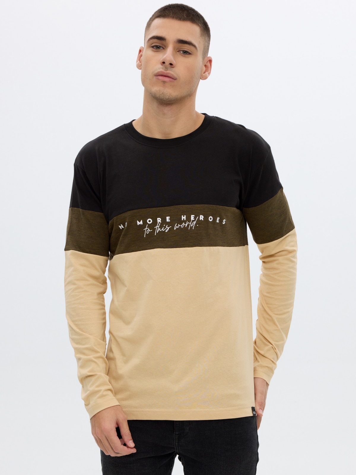 Combined textures T-shirt sand middle front view