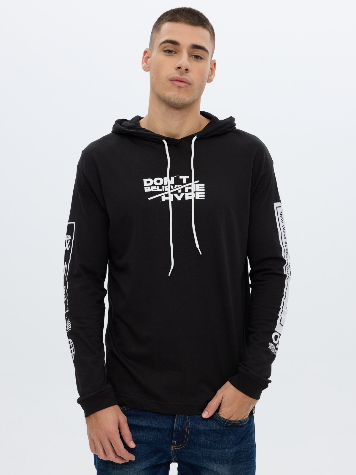 Printed hooded t-shirt black middle front view