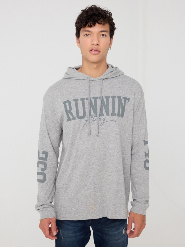 College hooded t-shirt grey middle front view