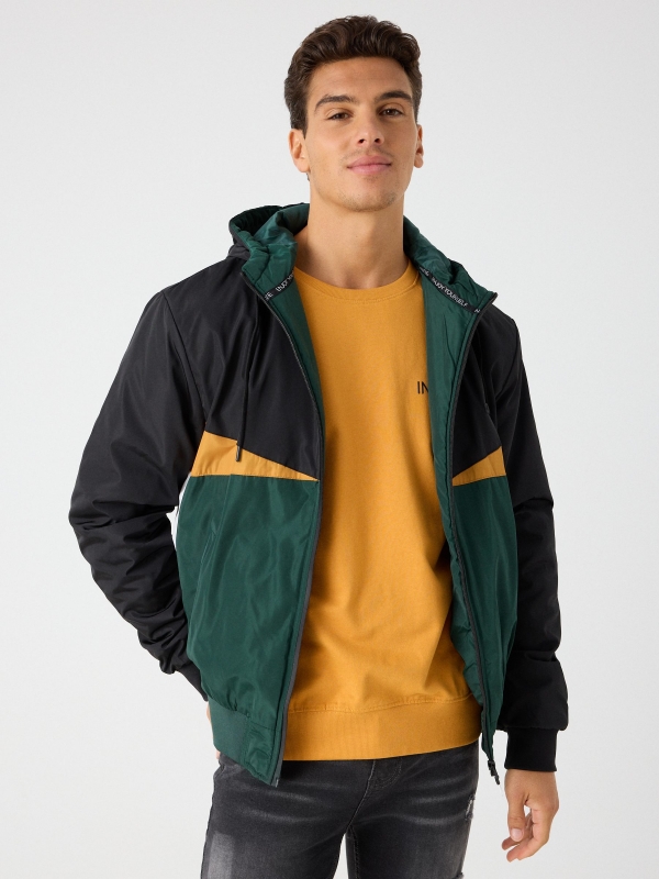 Hooded Color Block Padded Jacket dark green middle front view