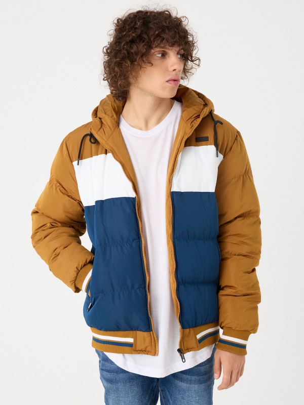 Hooded color block padded jacket ochre middle front view