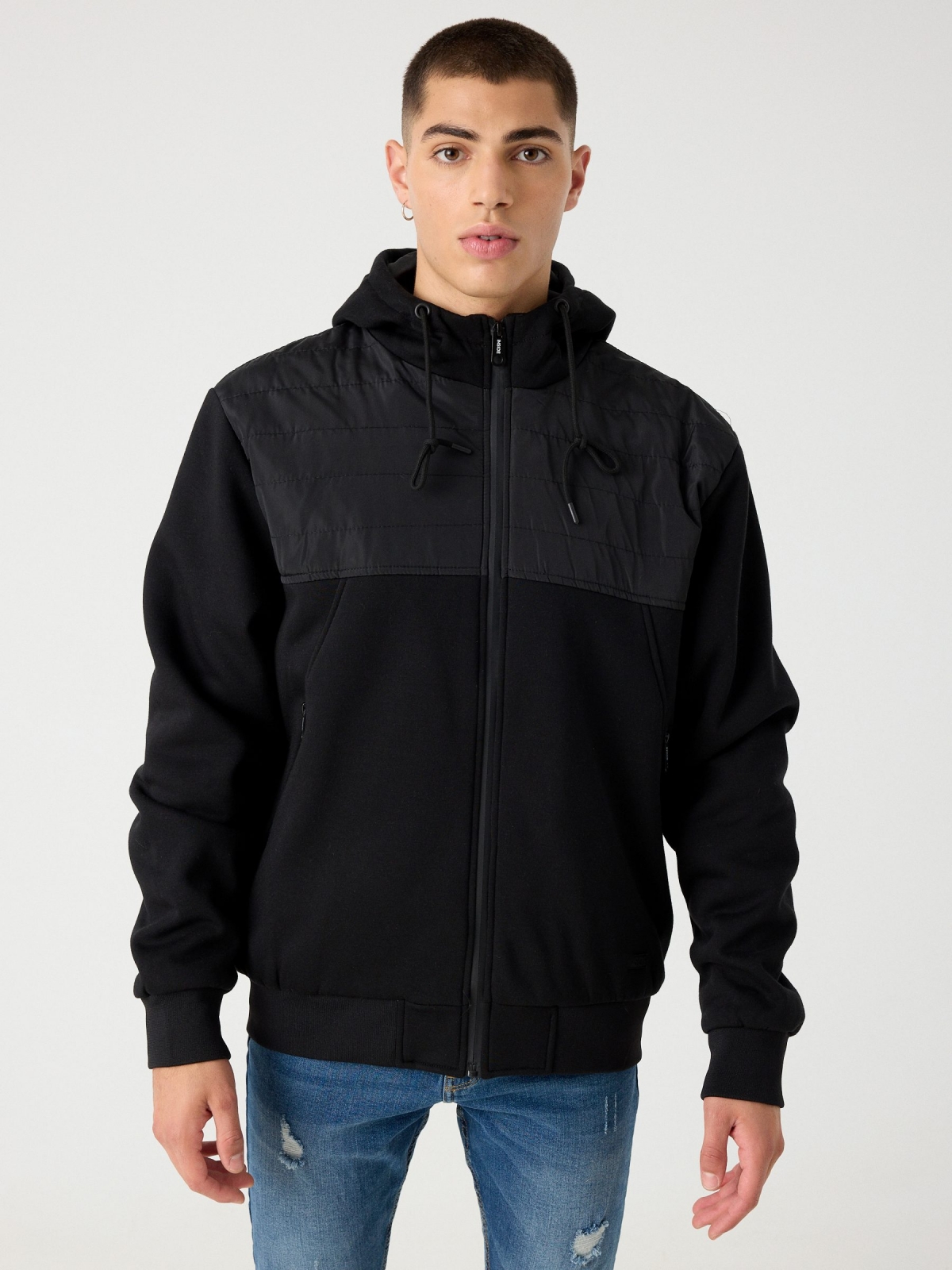Combined hooded jacket black middle front view