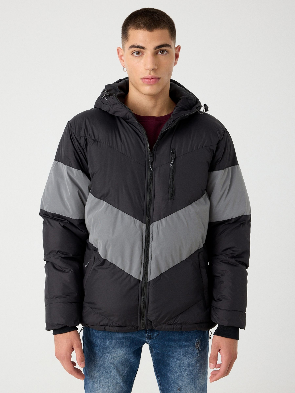 Quilted jacket with hood black middle front view