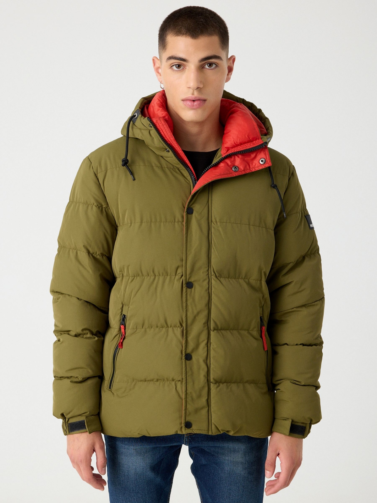 Contrast padded jacket khaki middle front view