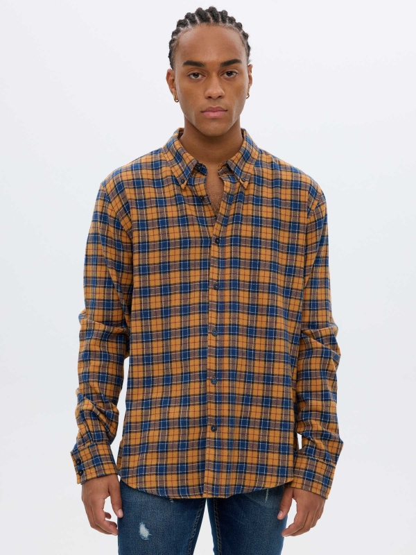 Plaid flannel shirt ochre middle front view