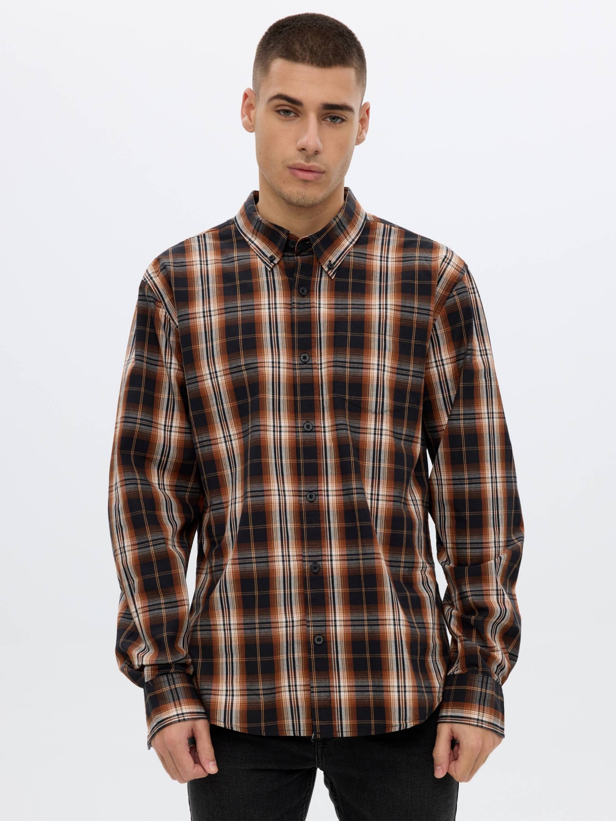 Plaid shirt brown middle front view