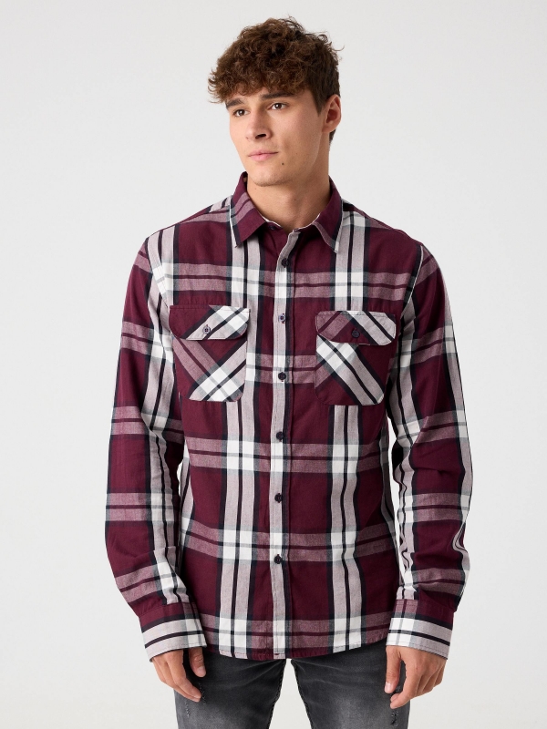 Checked shirt with flap pockets garnet middle front view