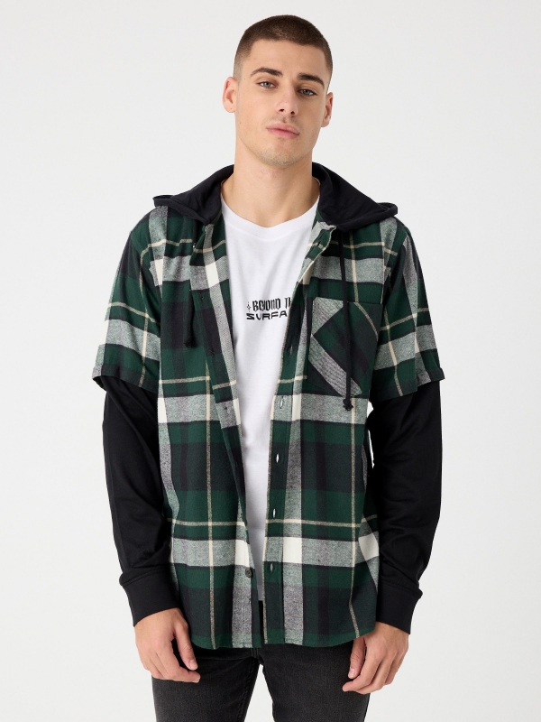 Combined checked shirt dark green middle front view