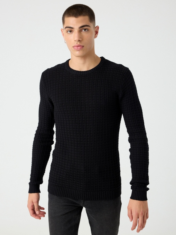 Textured knitted sweater black middle front view