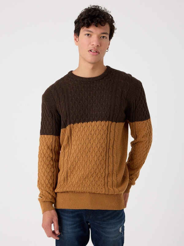 Two-tone cable knit sweater brown middle front view