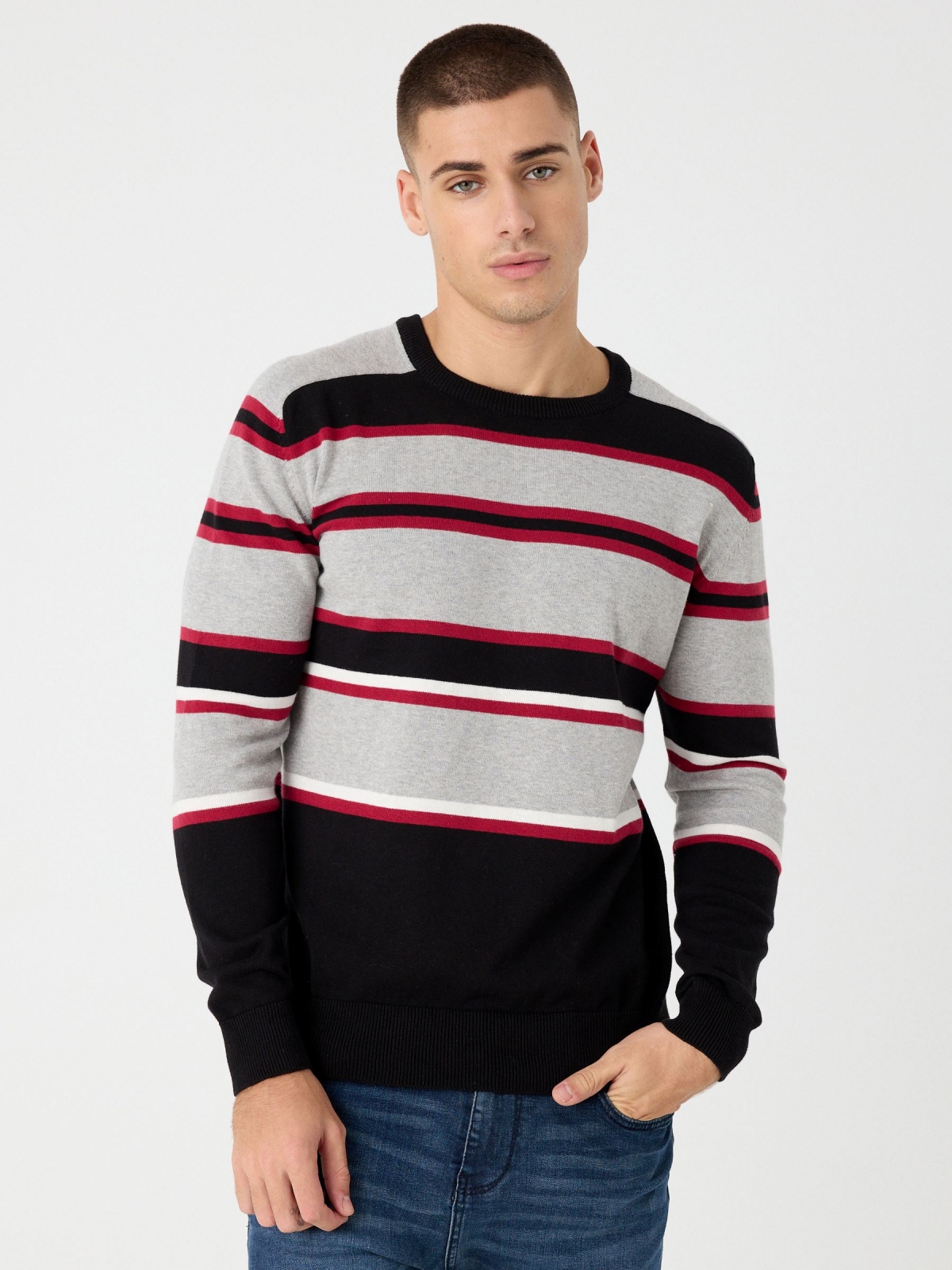 Striped knitted sweater black middle front view
