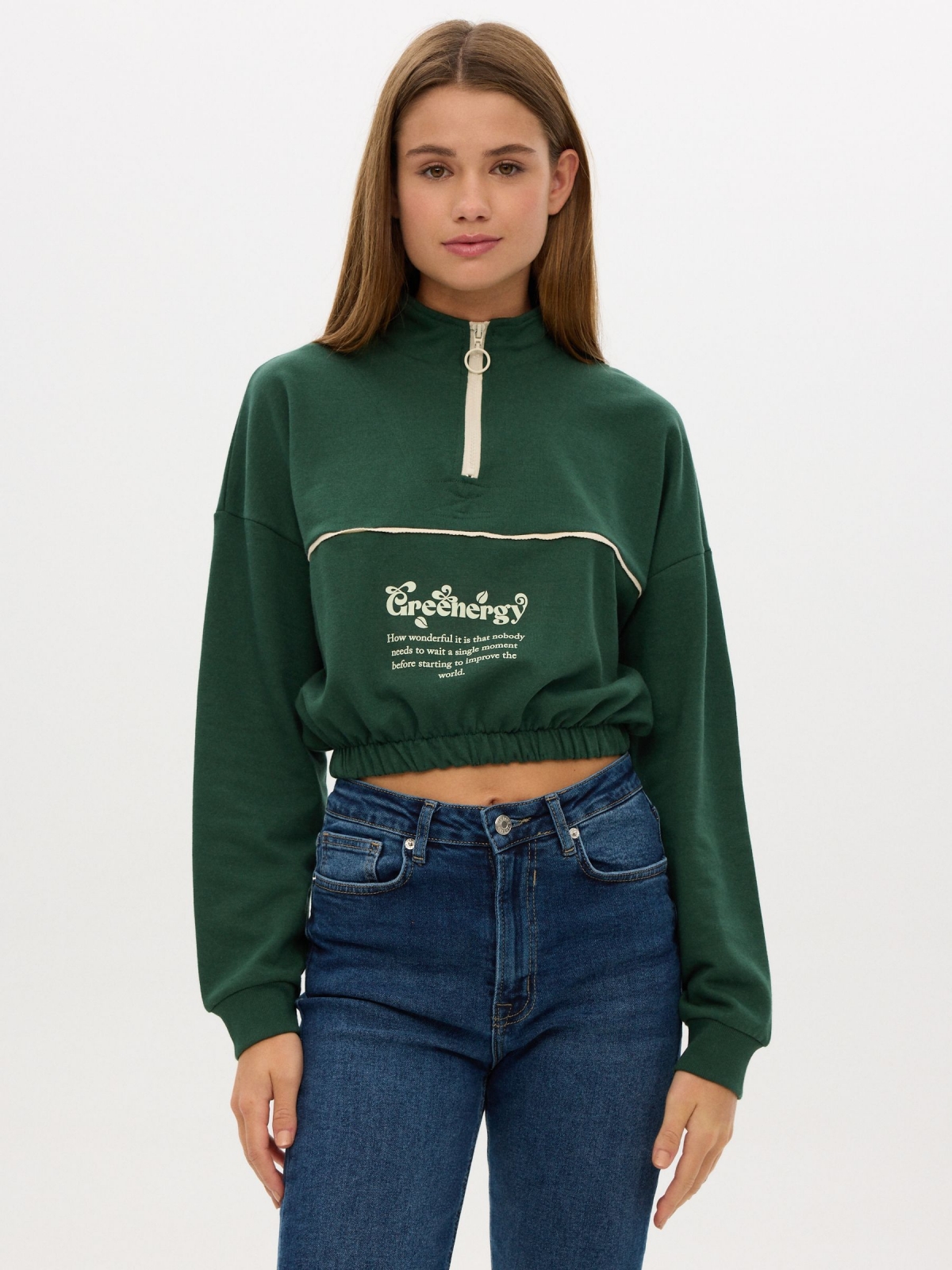 Cropped sweatshirt with zipper green middle front view