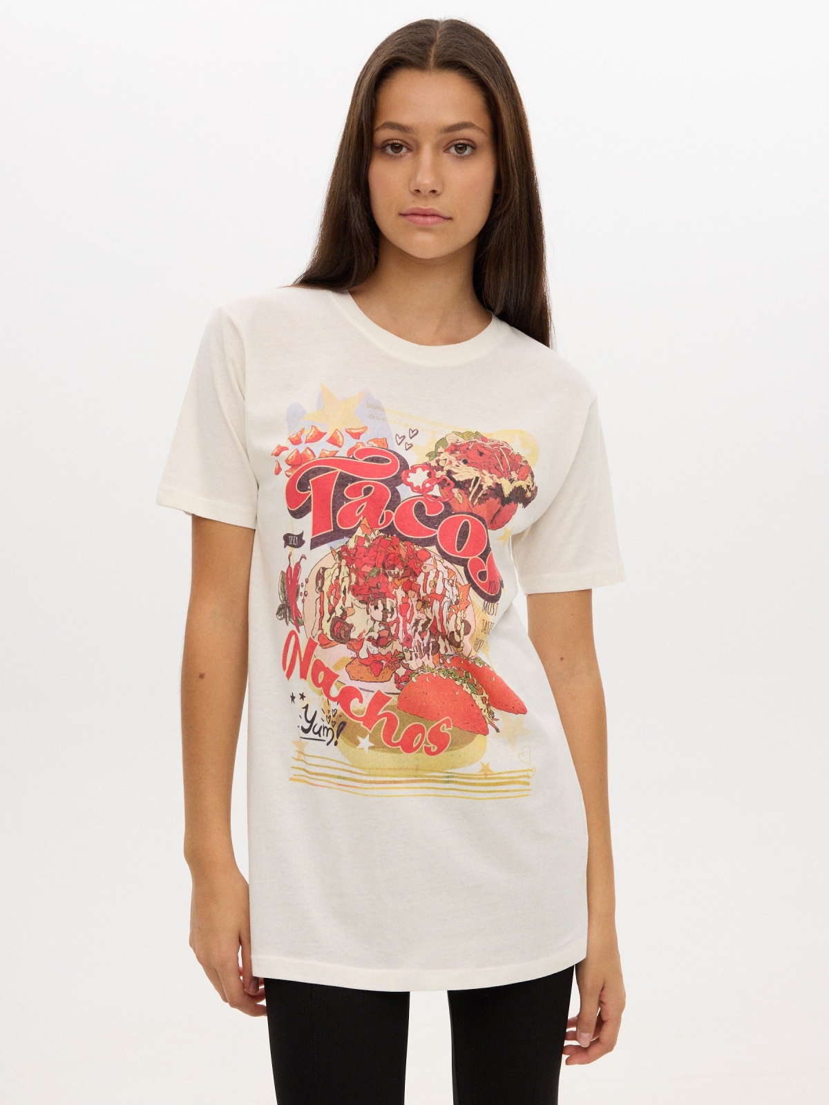 Oversize T-shirt with print beige middle front view