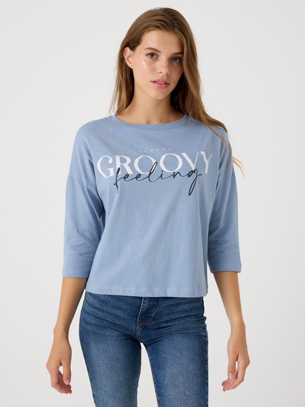 3/4 sleeve t-shirt with text print light blue middle front view