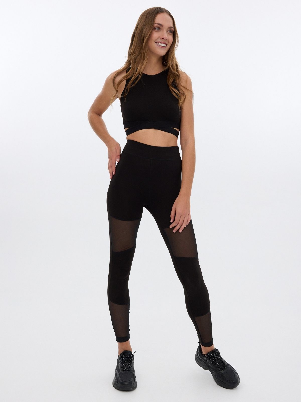 Leggins combined with mesh black front view