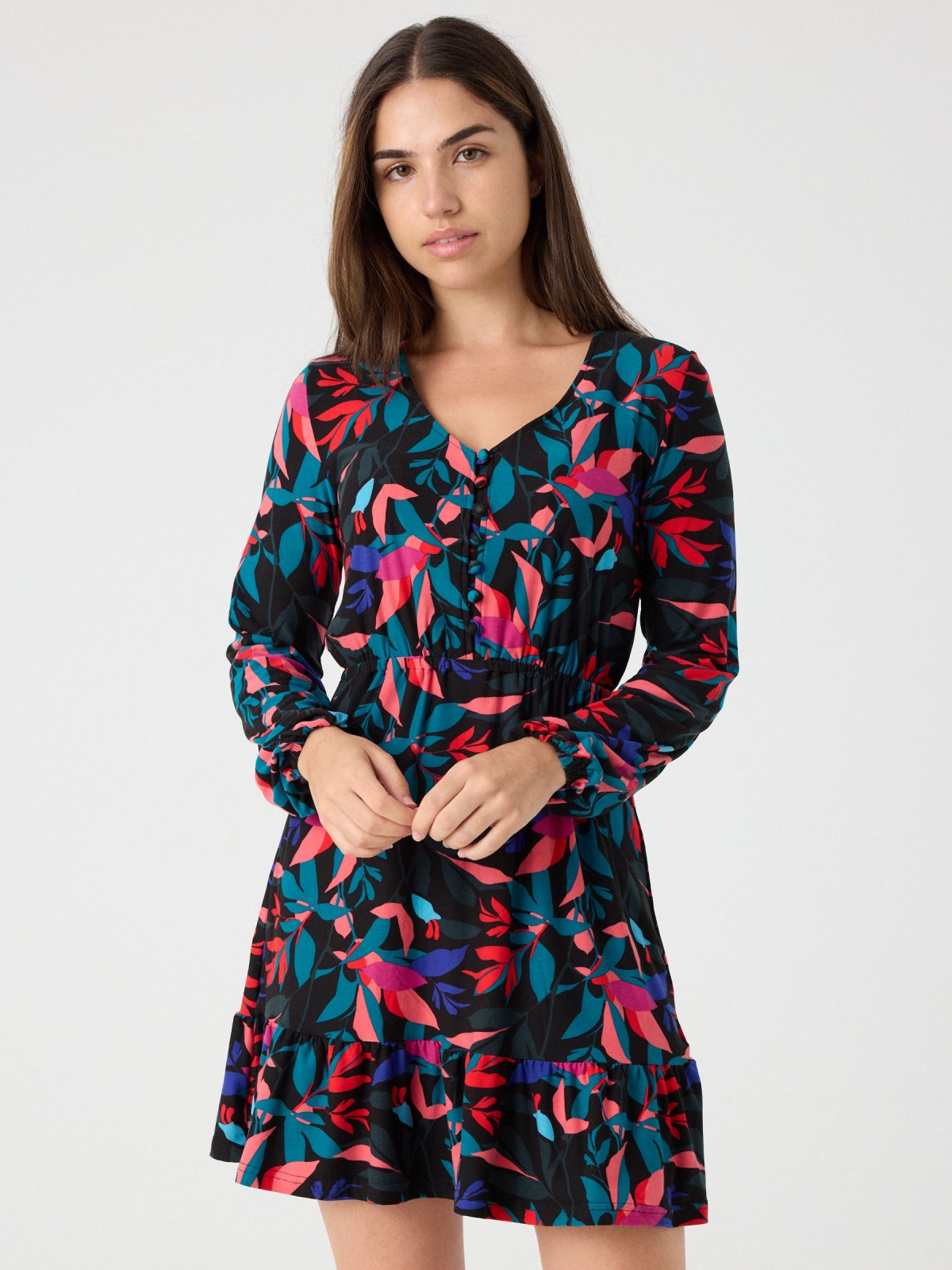 Colorful leaf print dress black middle front view
