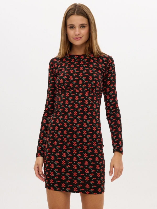 Printed short combined dress black middle front view