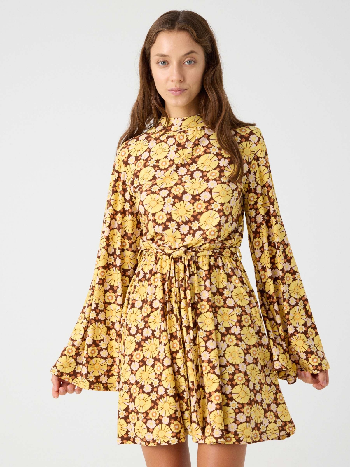 Flare sleeve floral dress brown middle front view