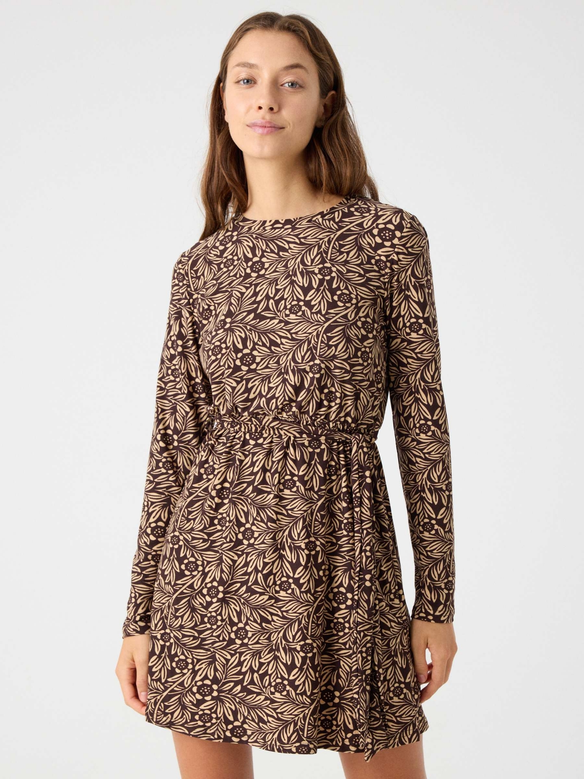 Floral print dress with bow earth brown middle front view