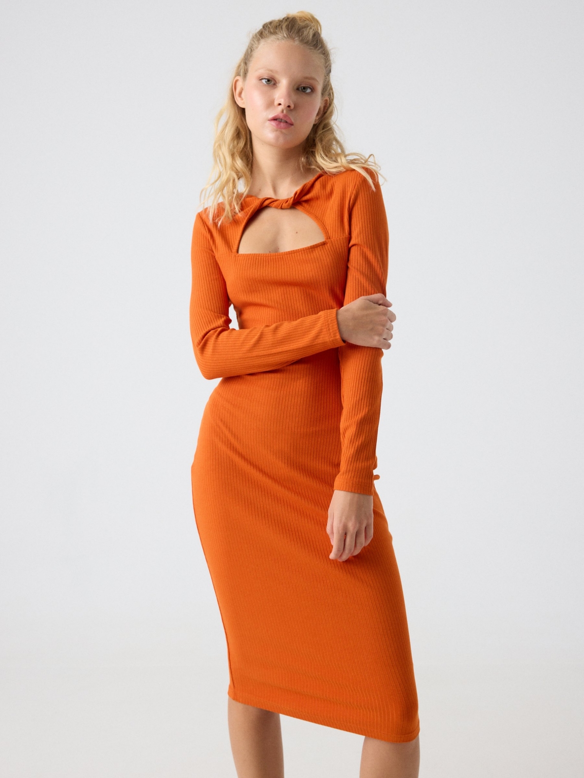 Midi dress with knot neckline orange middle front view