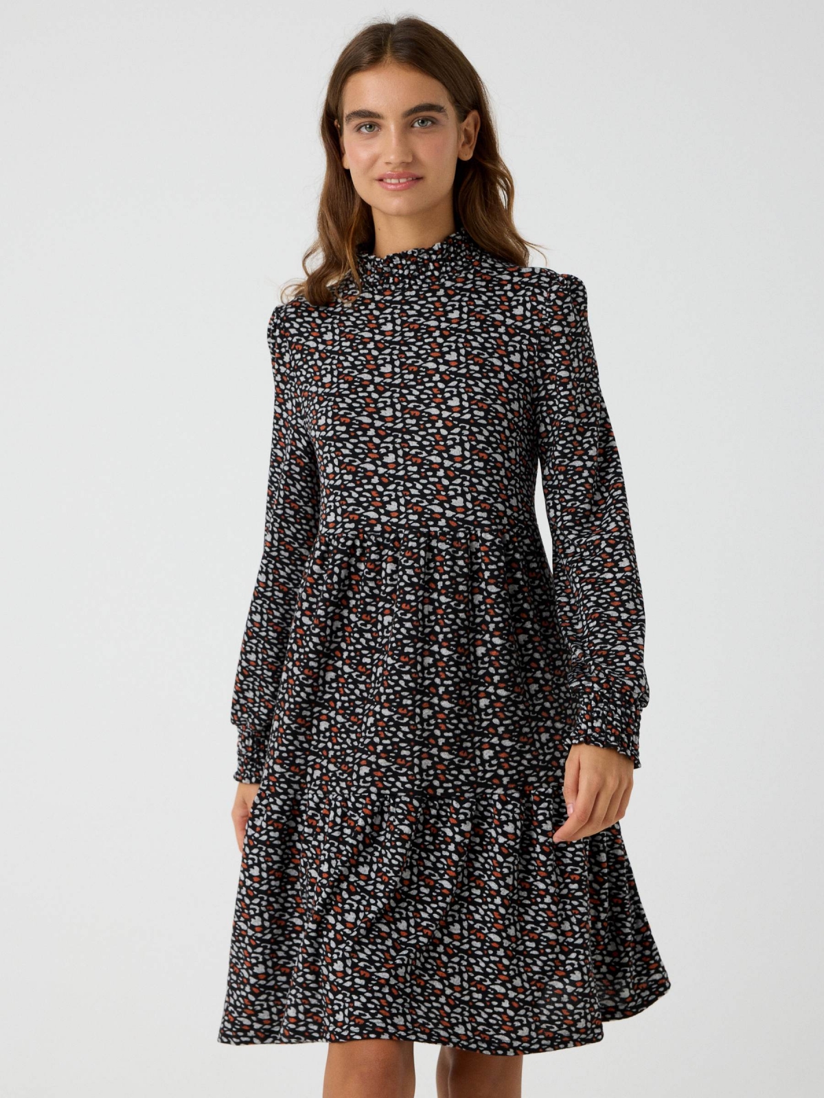 Printed high neck dress black middle front view