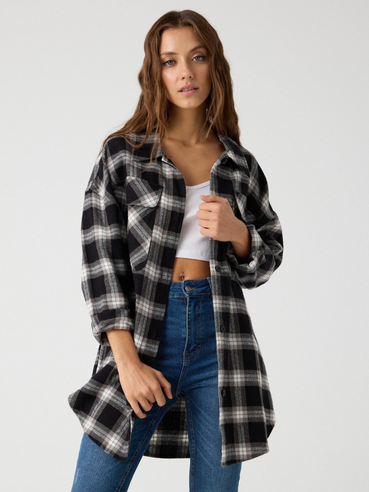 Plaid overshirt black middle front view