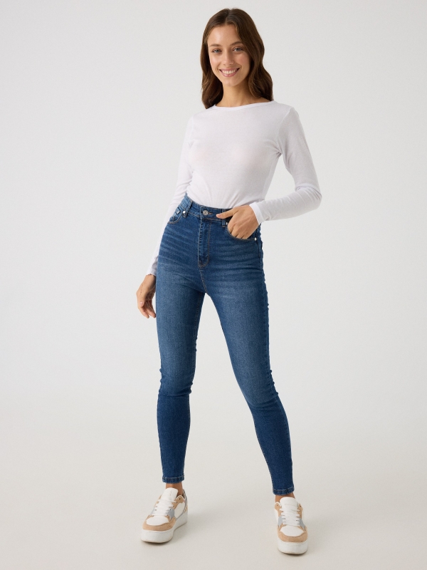 Blue high waisted five pocket skinny jeans blue front view